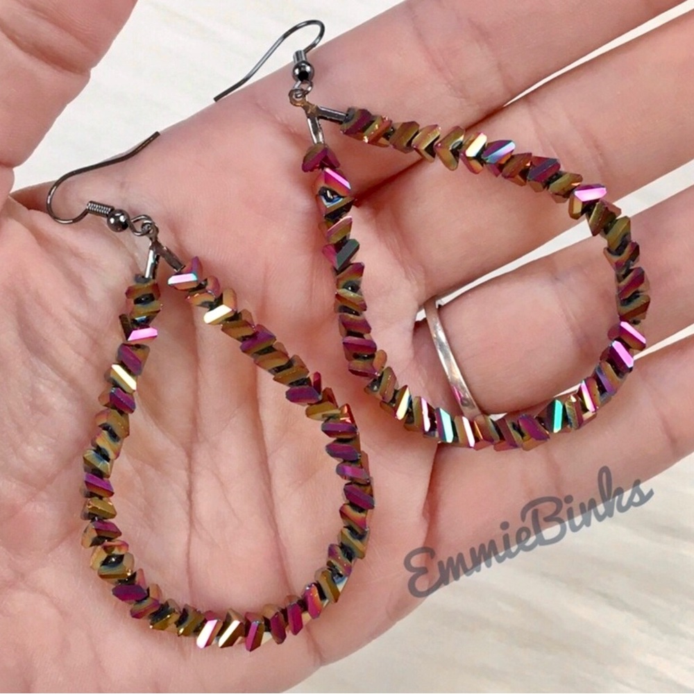 New FP Oil Slick Holographic Beaded Teardrop Dangle Earrings - Picture 2 of 14